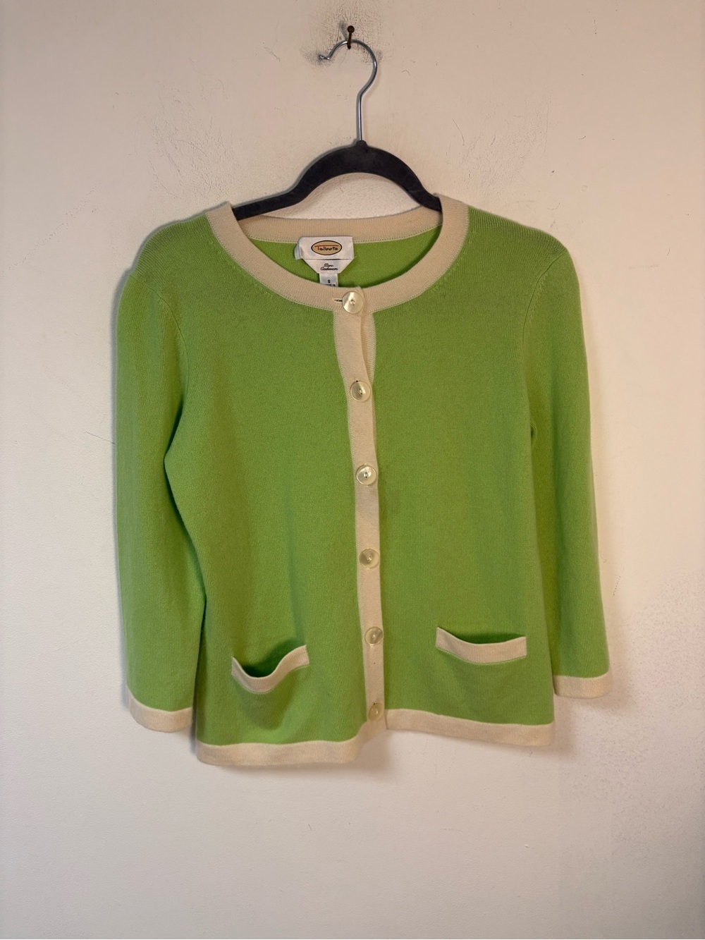 Talbots Green Cashmere Crewneck Button-Front Sweater with Cream Trim Small